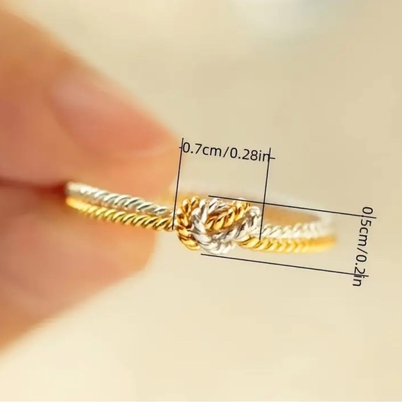 Minimalist Rope Style Gold and Silver Two-Tone Knot Ring Multiple Sizes - Picture 2 of 4